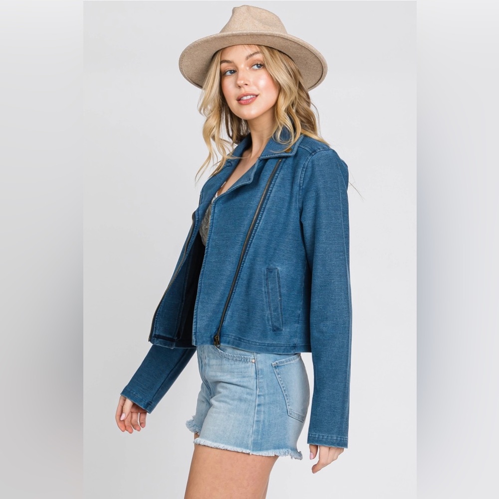 Knit Denim Biker Moto Jacket in Blue - Picture 8 of 10
